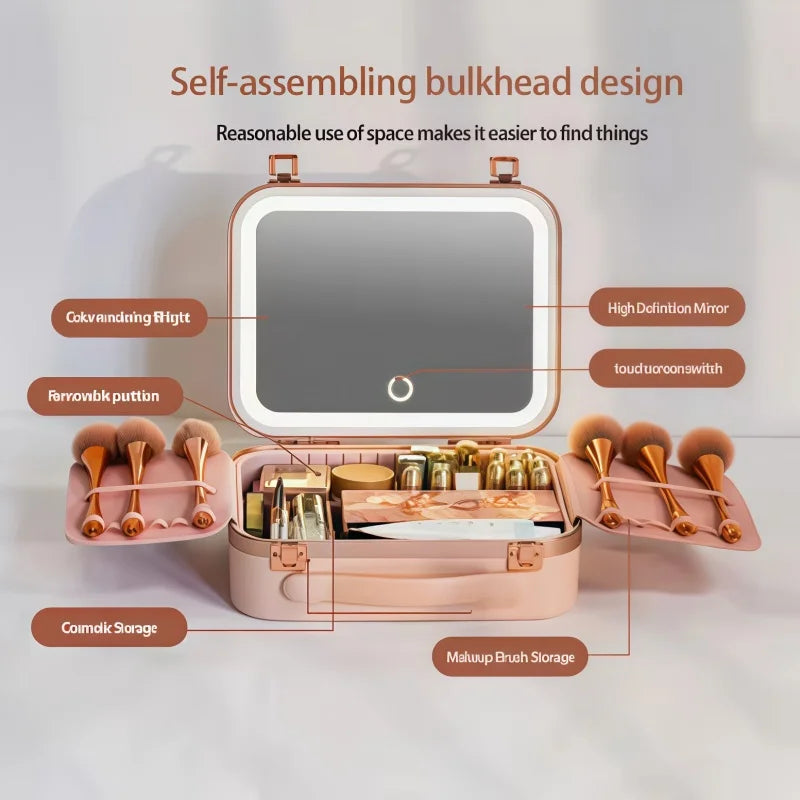 Large Capacity LED Lighted Makeup Case With Mirror Portable Detachable Cosmetic Storage Box Travel Makeup Box Cosmetic Bag