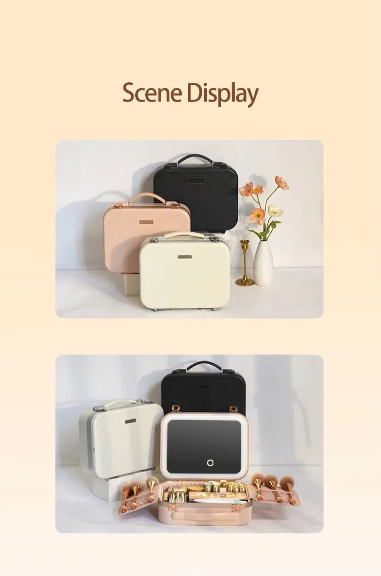 Large Capacity LED Lighted Makeup Case With Mirror Portable Detachable Cosmetic Storage Box Travel Makeup Box Cosmetic Bag