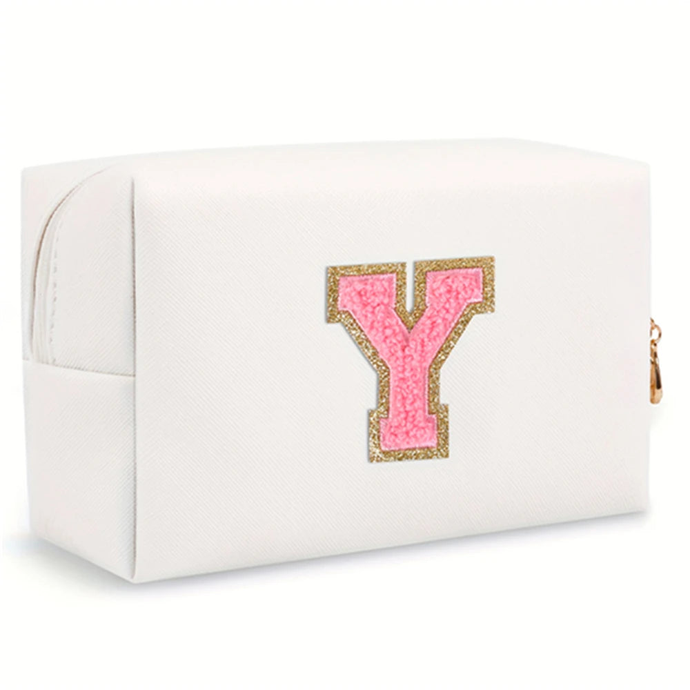 Initial letter patch makeup bag, Preppy portable zipper bag, PU leather waterproof travel wash bag,letter women's handbag-ll-LJX