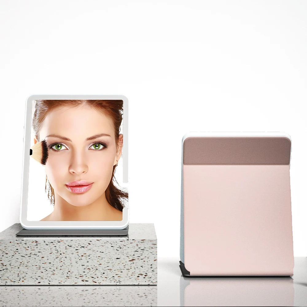 Makeup Mirror Foldable Portable 3-Color Dimmable Lighting Rechargeable Tabletop Folding Vanity Cosmetic Mirror with LED Lights