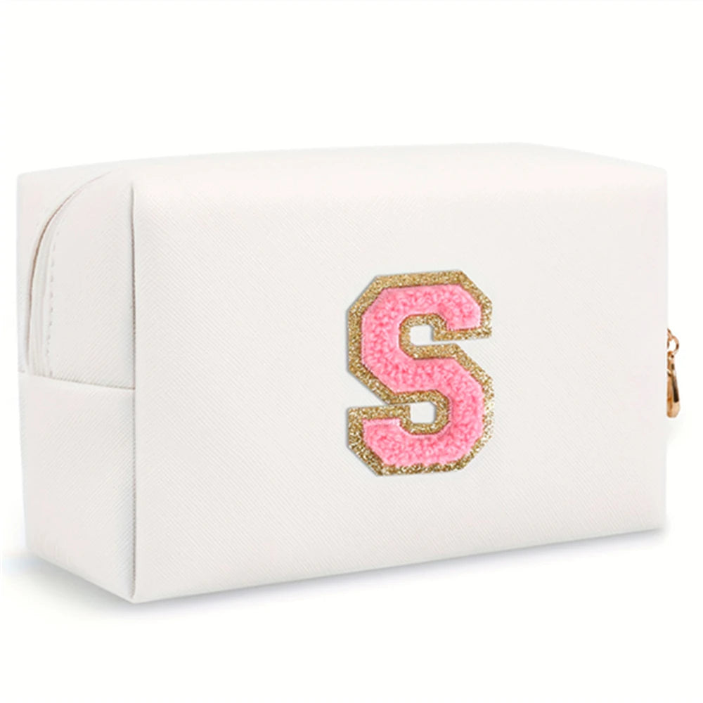 Initial letter patch makeup bag, Preppy portable zipper bag, PU leather waterproof travel wash bag,letter women's handbag-ll-LJX