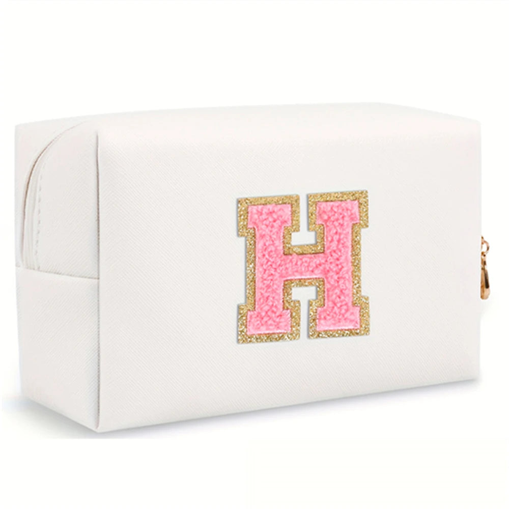 Initial letter patch makeup bag, Preppy portable zipper bag, PU leather waterproof travel wash bag,letter women's handbag-ll-LJX