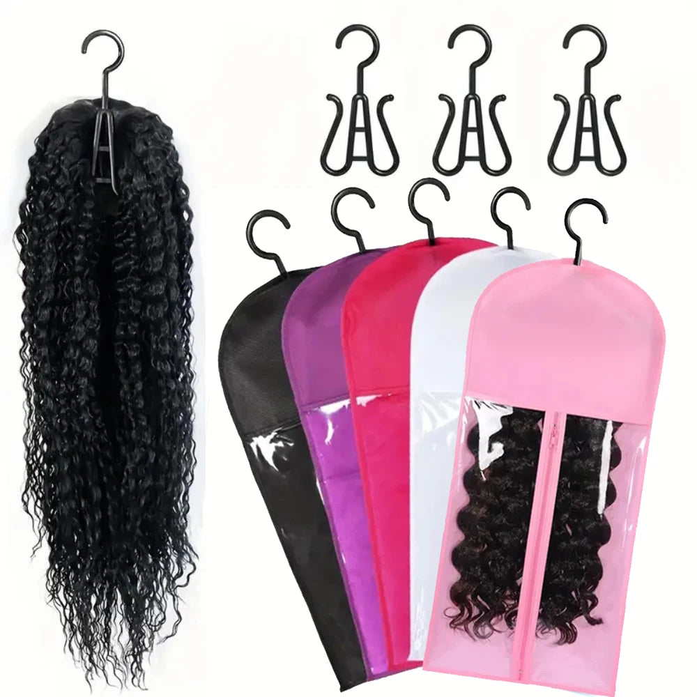 3pcs Premium Wig Storage Bags with Sturdy Metal Hangers - Black Transparent Design for Multiple Wigs & Hair Extensions