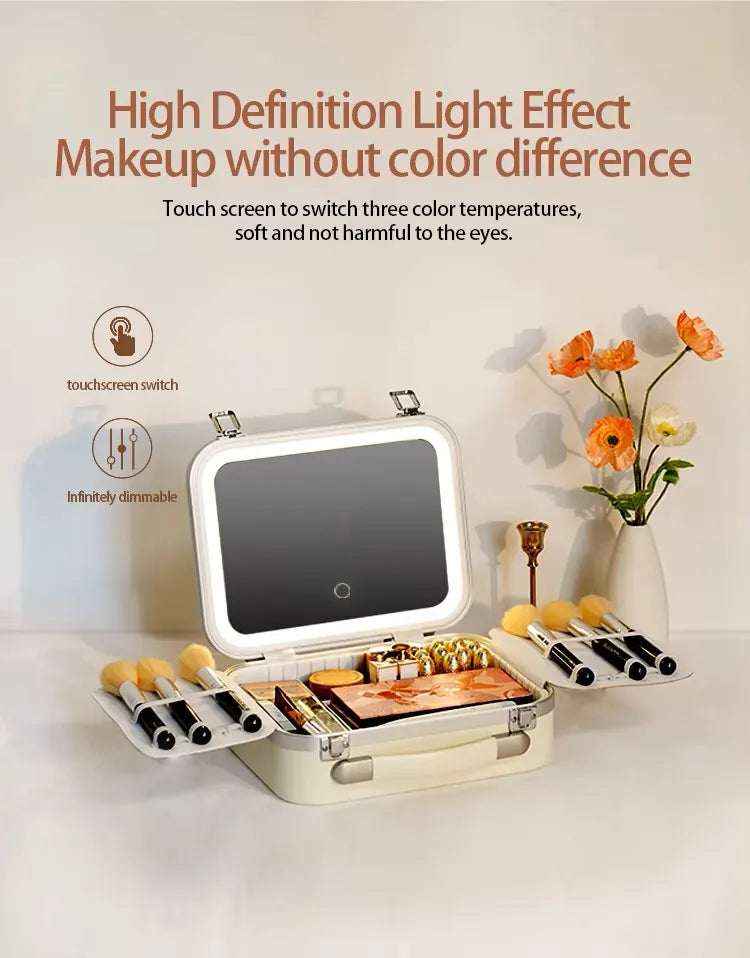 Large Capacity LED Lighted Makeup Case With Mirror Portable Detachable Cosmetic Storage Box Travel Makeup Box Cosmetic Bag
