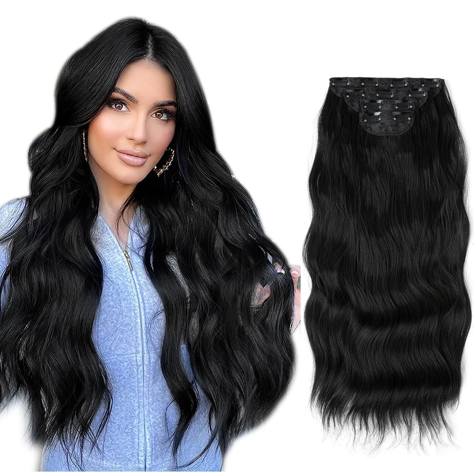 4pcs/set Synthétique Long Wave Clip In Hair Extensions 22 » Thick Hairpiece For Women Brown Blonde Black Natural Fake Hair