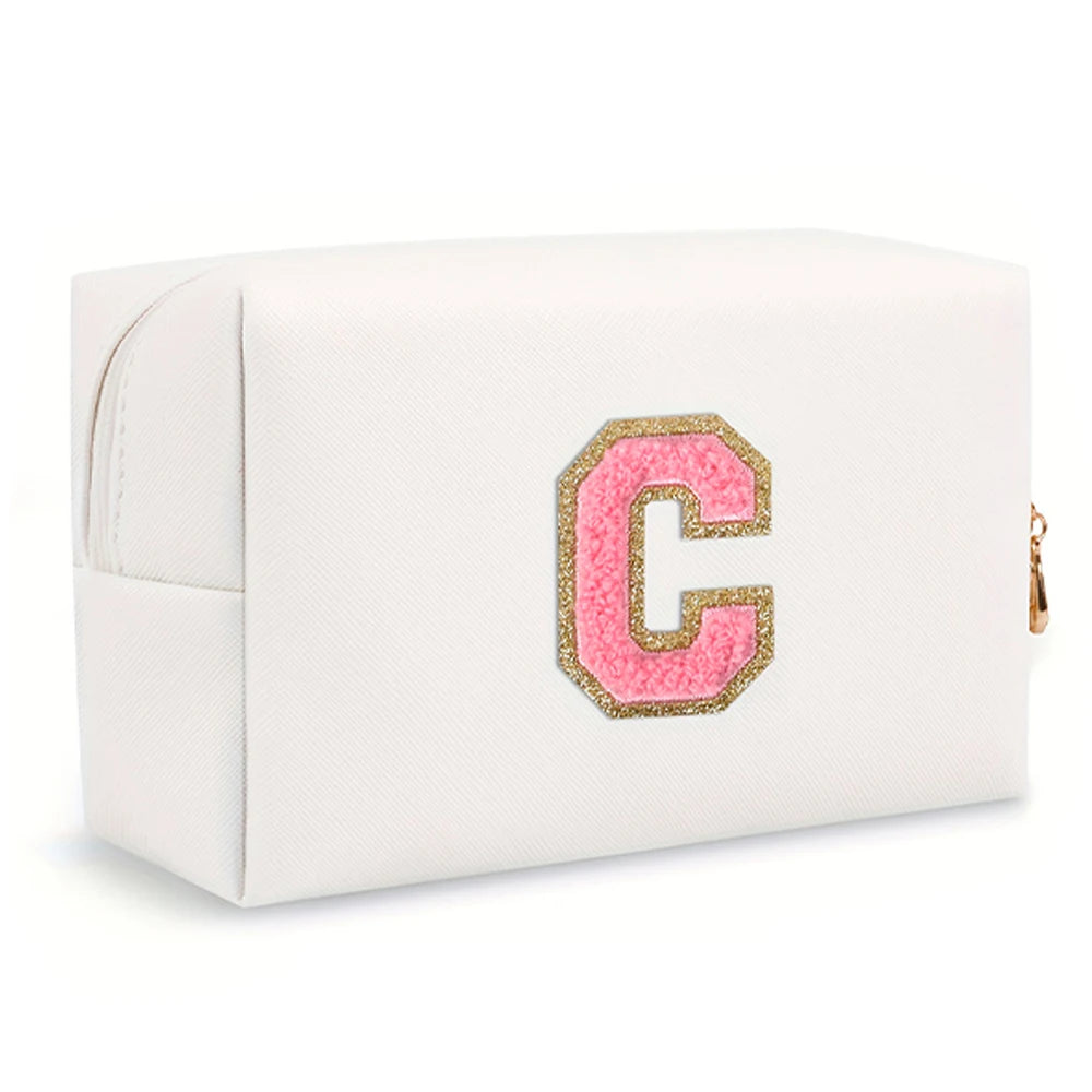 Initial letter patch makeup bag, Preppy portable zipper bag, PU leather waterproof travel wash bag,letter women's handbag-ll-LJX