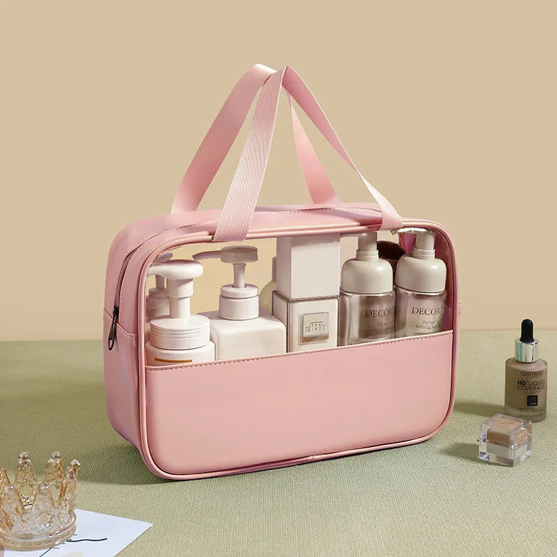 New transparent makeup bag Large capacity waterproof swimming and bathing bag Simple PVC handbag PU splicing bag wash bag