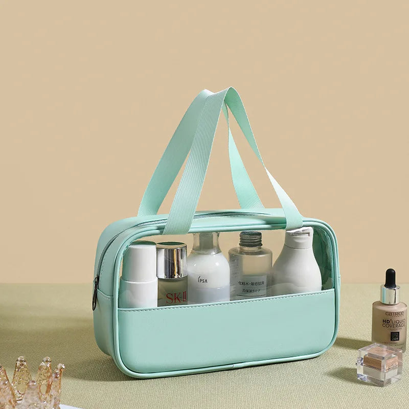 New transparent makeup bag Large capacity waterproof swimming and bathing bag Simple PVC handbag PU splicing bag wash bag
