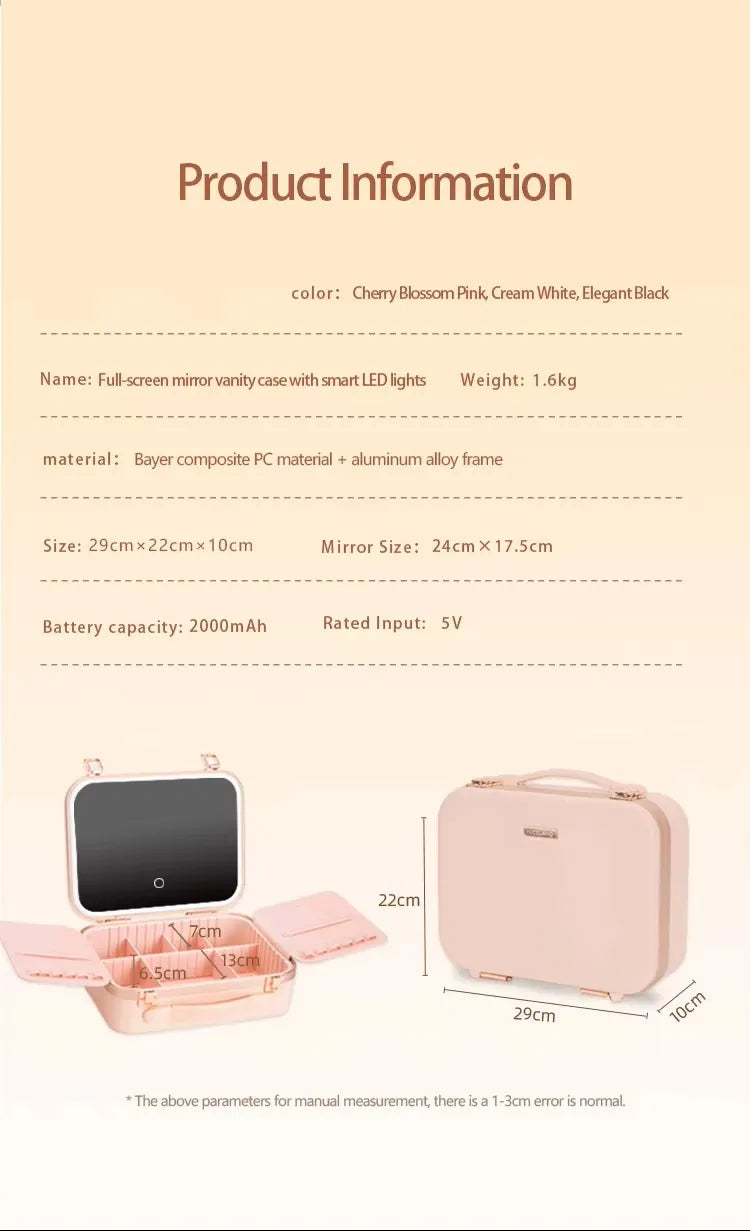 Large Capacity LED Lighted Makeup Case With Mirror Portable Detachable Cosmetic Storage Box Travel Makeup Box Cosmetic Bag