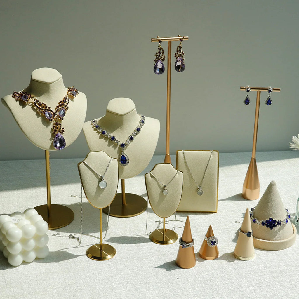 Beige Jewelry Display Props with Metal Base Earring Necklace Organizer Holder Jewelry Counter Earrings Rings Display Stand