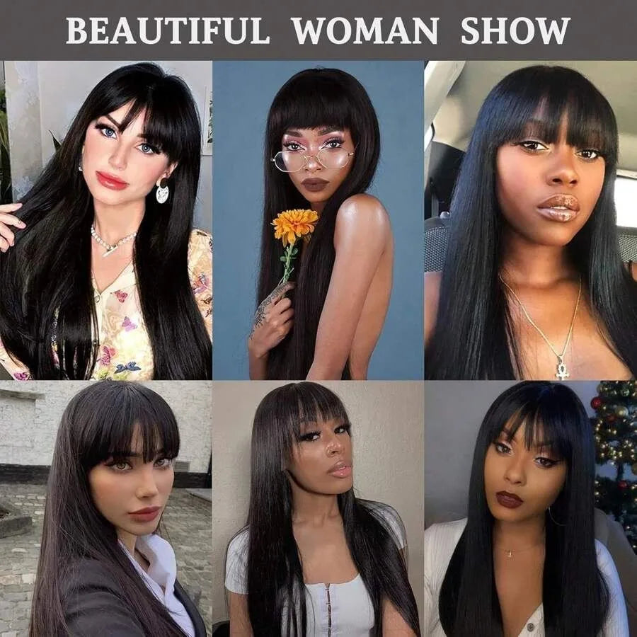 Bone Straight Human Hair Full Machine Made Wigs With Bangs 30 Inch High Density Black Wig Glueless Brazilian Wigs On Sale Women