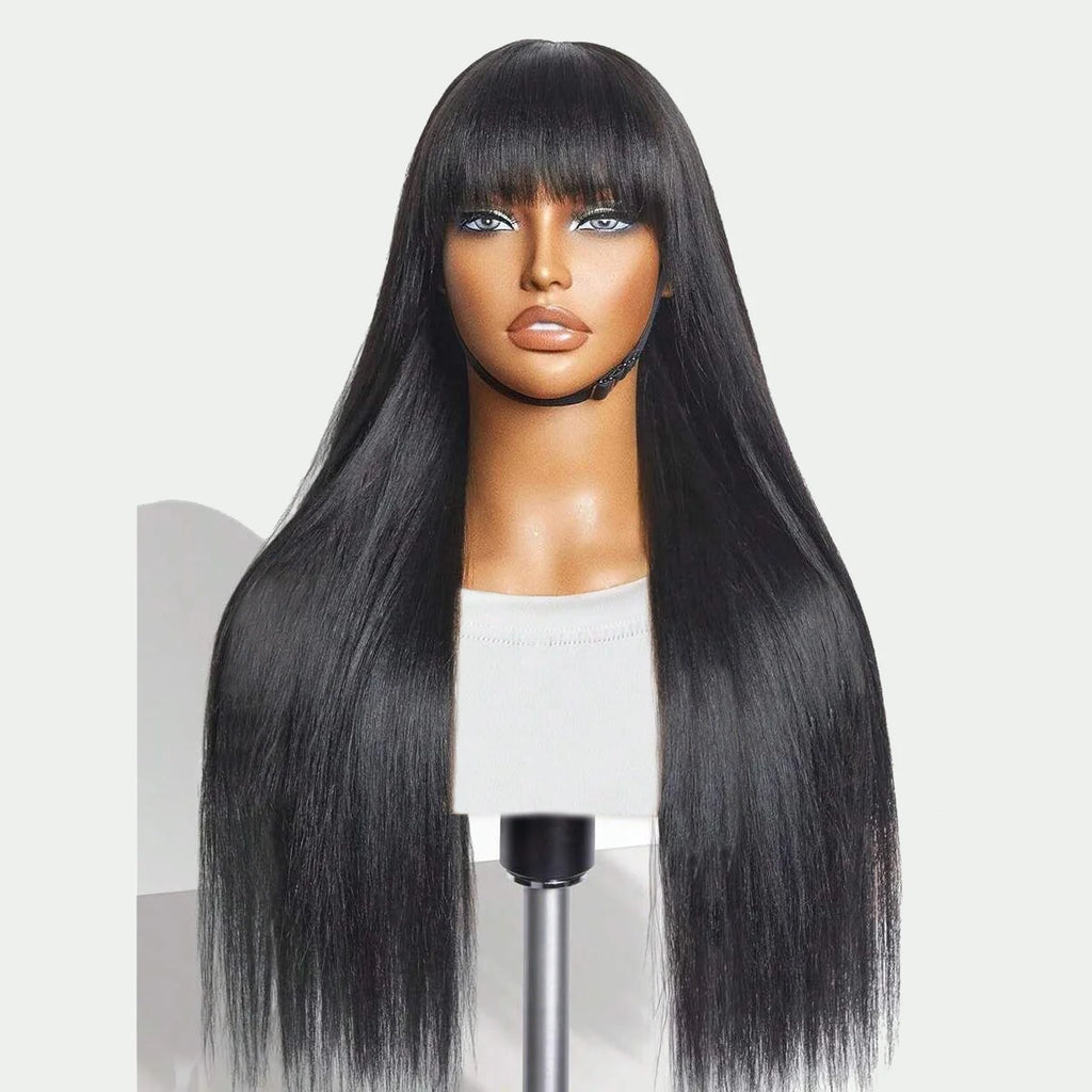 Bone Straight Human Hair Full Machine Made Wigs With Bangs 30 Inch High Density Black Wig Glueless Brazilian Wigs On Sale Women