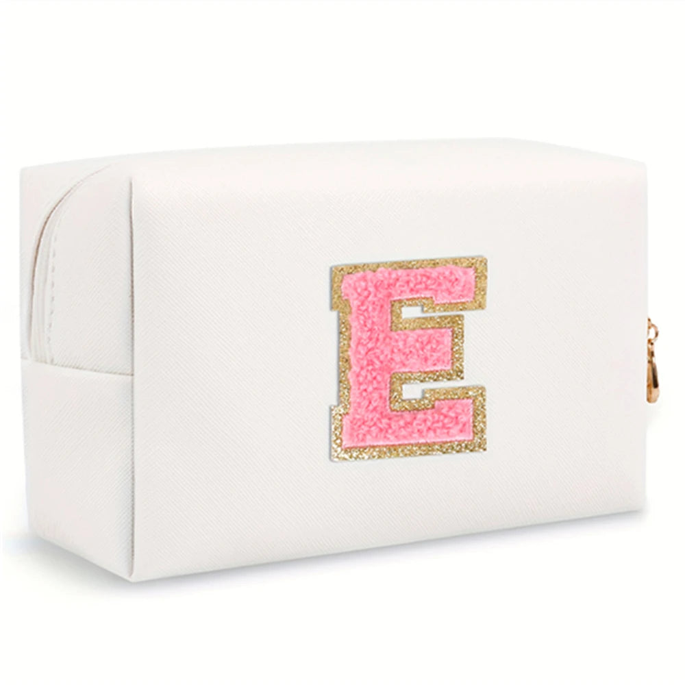 Initial letter patch makeup bag, Preppy portable zipper bag, PU leather waterproof travel wash bag,letter women's handbag-ll-LJX