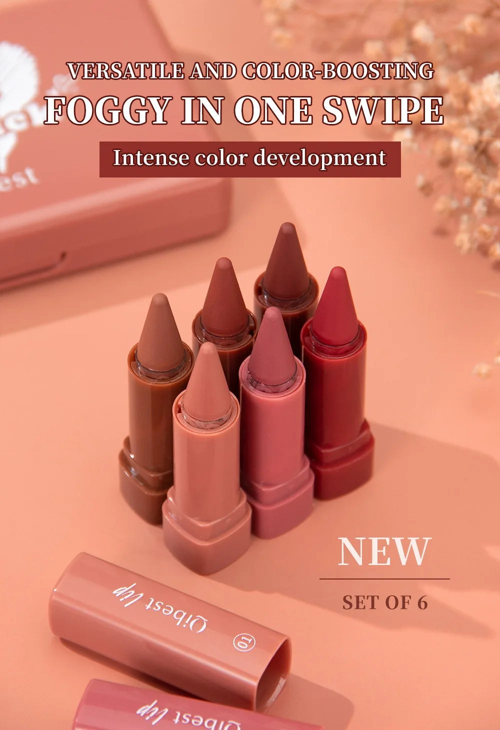 6PCS Ensemble de crayons de rouge à lèvres mats qui durent Twist-Up