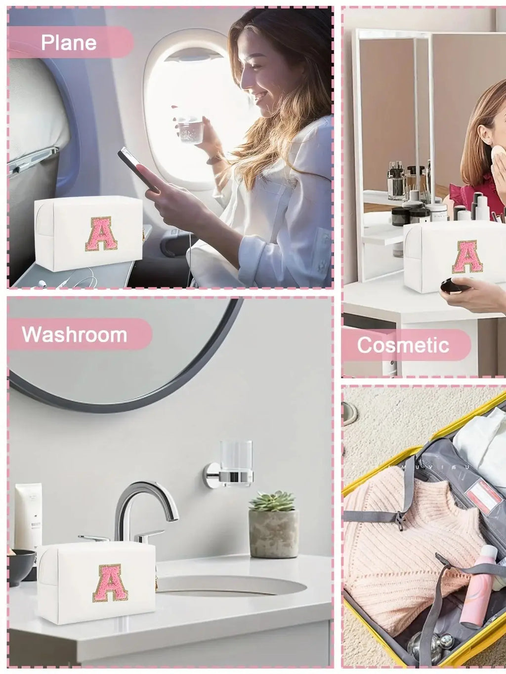 Initial letter patch makeup bag, Preppy portable zipper bag, PU leather waterproof travel wash bag,letter women's handbag-ll-LJX