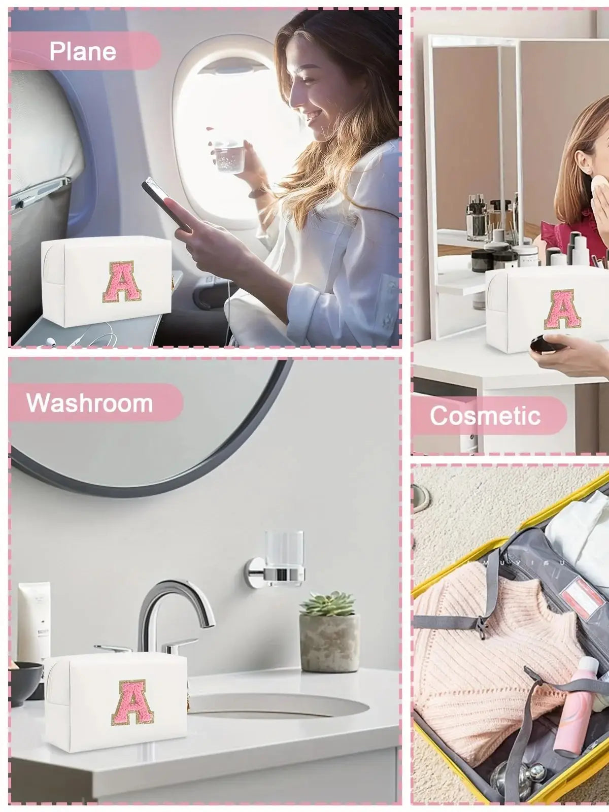 Initial letter patch makeup bag, Preppy portable zipper bag, PU leather waterproof travel wash bag,letter women's handbag-ll-LJX