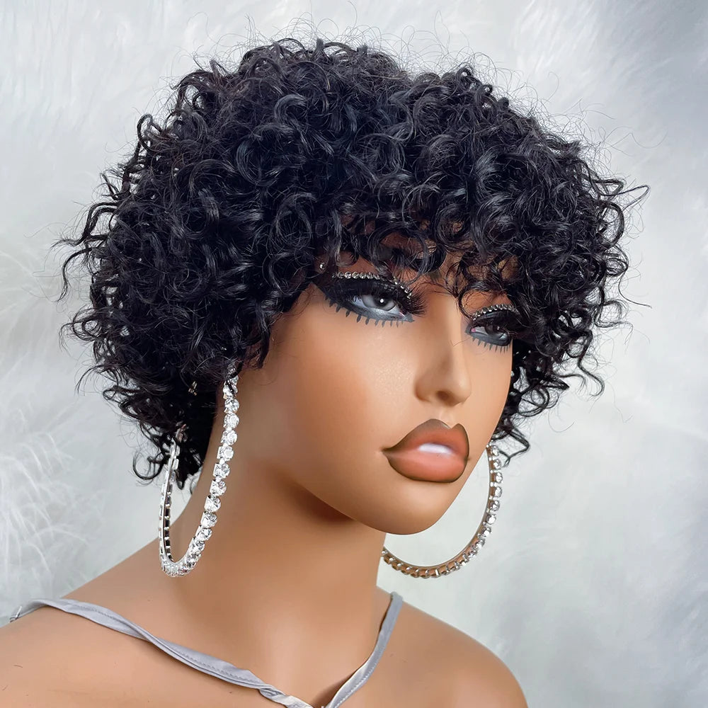 Perruques de cheveux humains Pixie Cut pour femmes noires Afro Rose Curly Funmi Glueless Perruques avec frange Court Boulissant Curly Bob Perruque avec frange