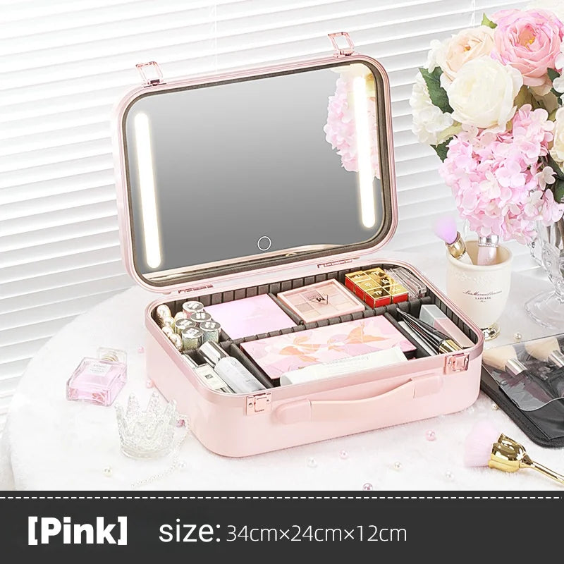Large Capacity LED Lighted Makeup Case With Mirror Portable Detachable Cosmetic Storage Box Travel Makeup Box Cosmetic Bag