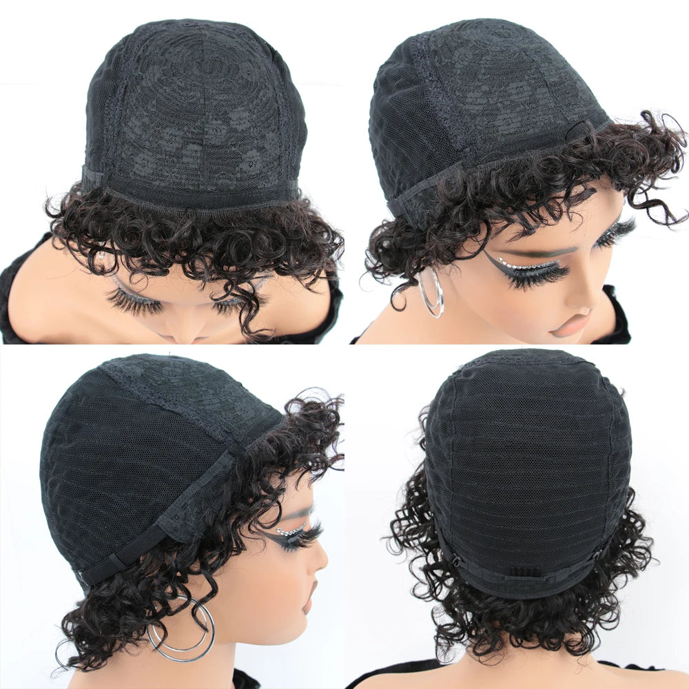 Perruques de cheveux humains Pixie Cut pour femmes noires Afro Rose Curly Funmi Glueless Perruques avec frange Court Boulissant Curly Bob Perruque avec frange
