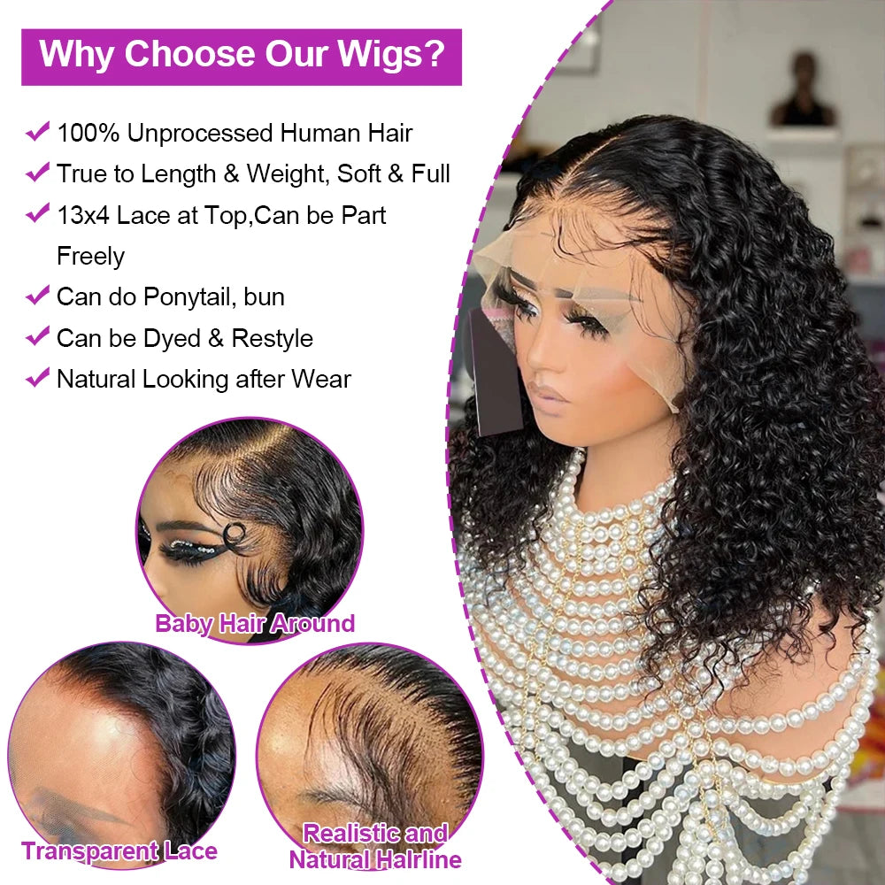 Brazilian Deep Water Wave Curly Bob 100% Human Hair Wigs Natural Black Deep Wave HD Lace Front 13x4 13x6 Transparent Lace Wigs