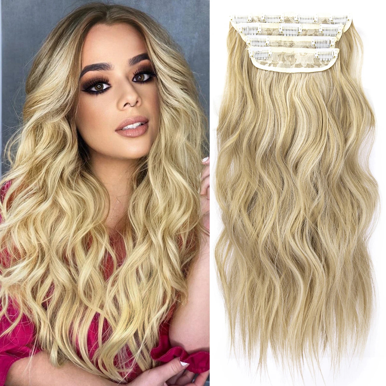 4Pcs/Set 20 Pouces Pince À Cheveux Synthétique Dans De Longues Cheveux Épaisses Ondulées Pour Femmes Extensions De Cheveux