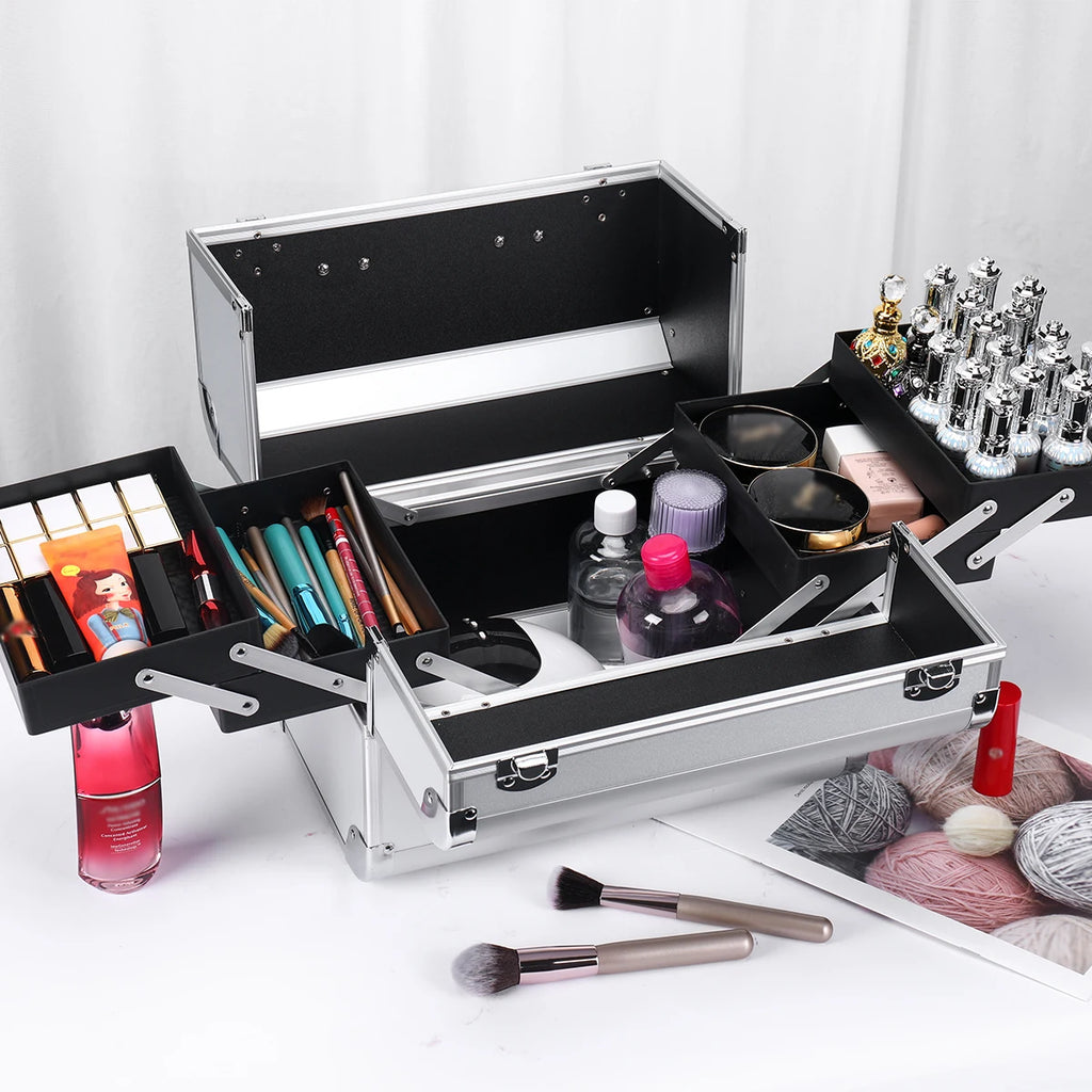 Étui à train de maquillage Étui en alliage d’aluminium Boîte à outils de pédicure avec poignée Boîte à cosmétiques Organisateur d’étui de maquillage portable