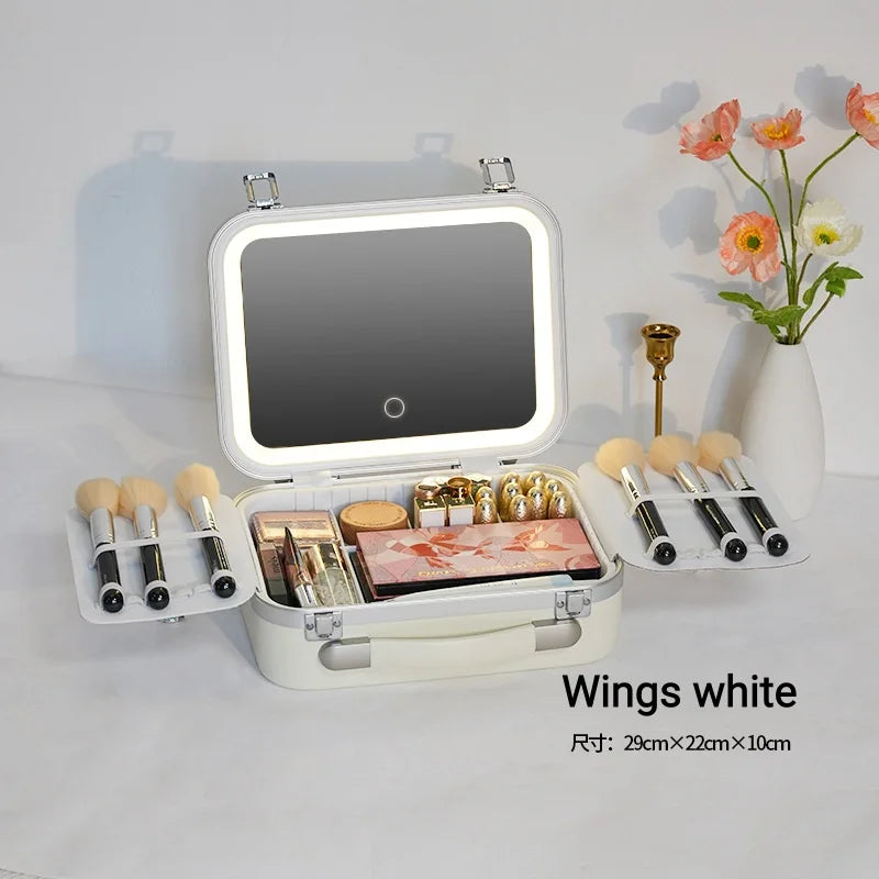 Large Capacity LED Lighted Makeup Case With Mirror Portable Detachable Cosmetic Storage Box Travel Makeup Box Cosmetic Bag