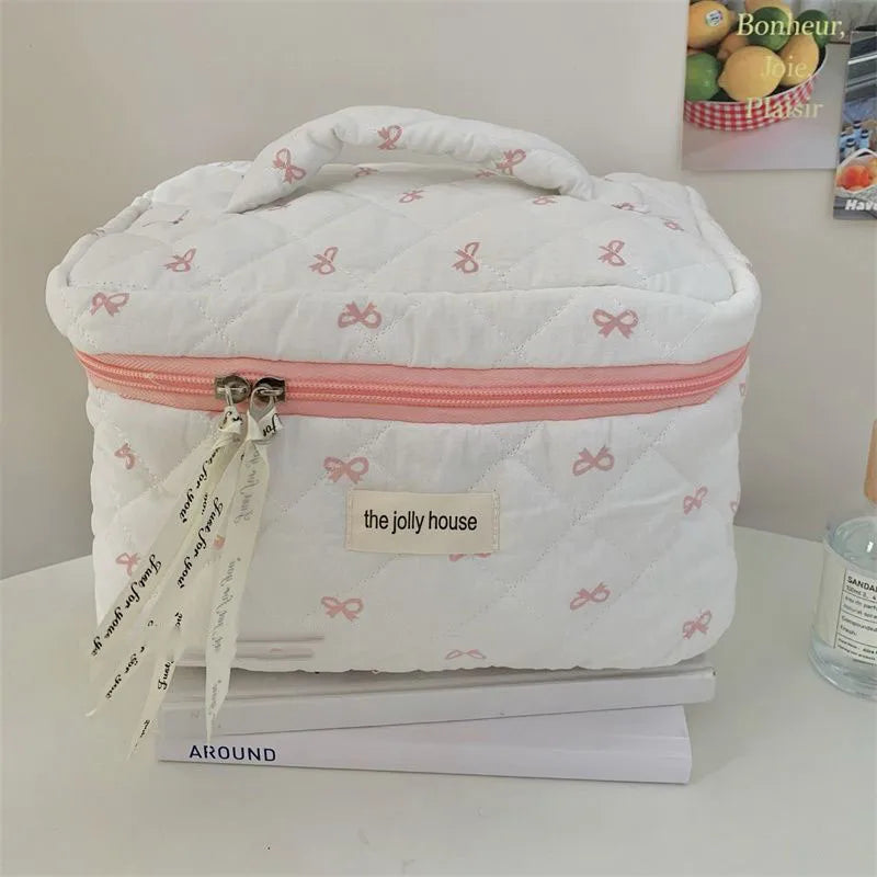 Fashion Cherry Tote Women Makeup Bag Portable Cute Ladies Cosmetic Toiletry Storage Pouch Handbag Cotton Quilted Zipper Bag