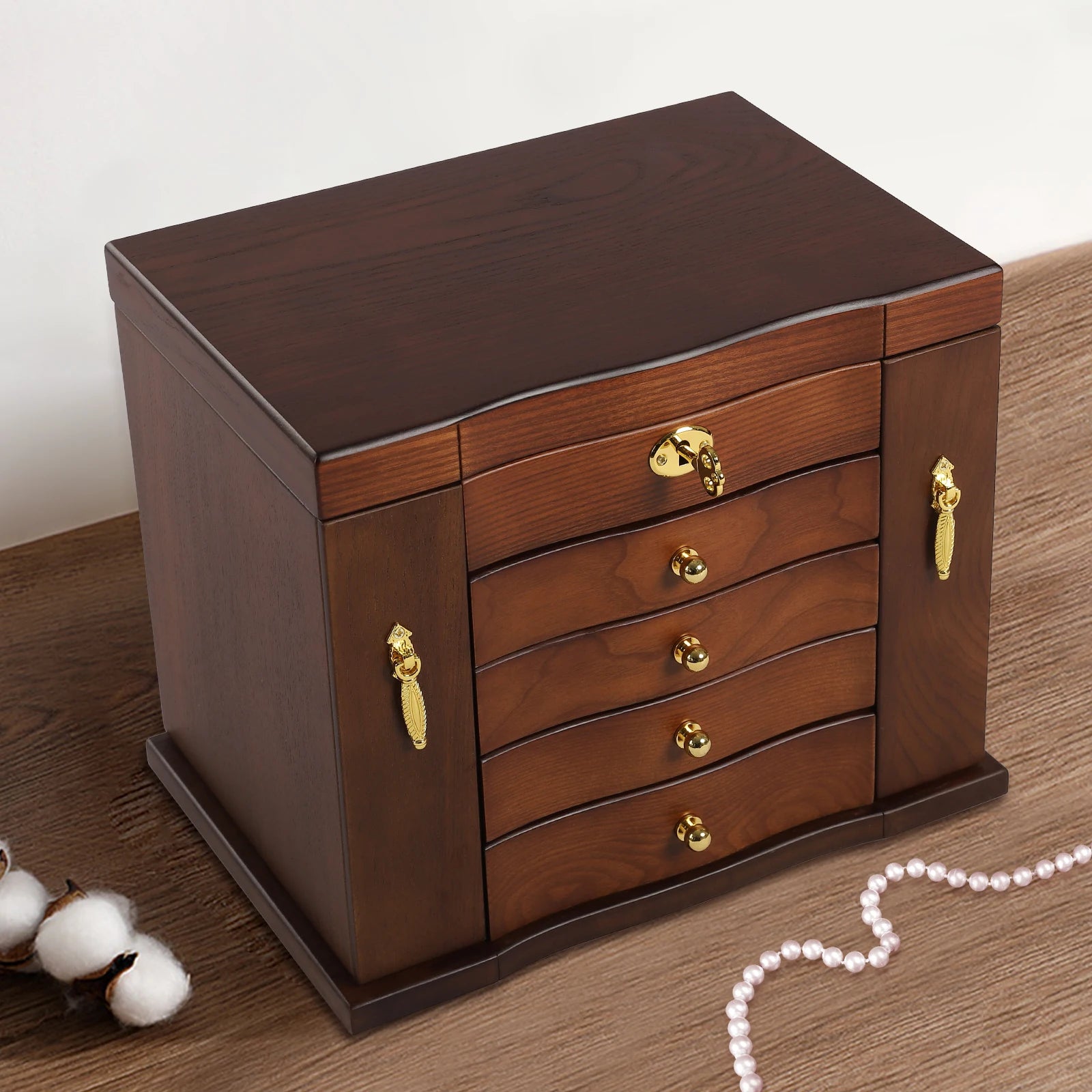 Wood Organizer Combo Lock Vintage Style Storage Box With Mirror, High Quality Wood Jewelry Necklace Chest Armoire Drawer
