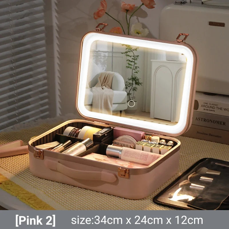 Large Capacity LED Lighted Makeup Case With Mirror Portable Detachable Cosmetic Storage Box Travel Makeup Box Cosmetic Bag