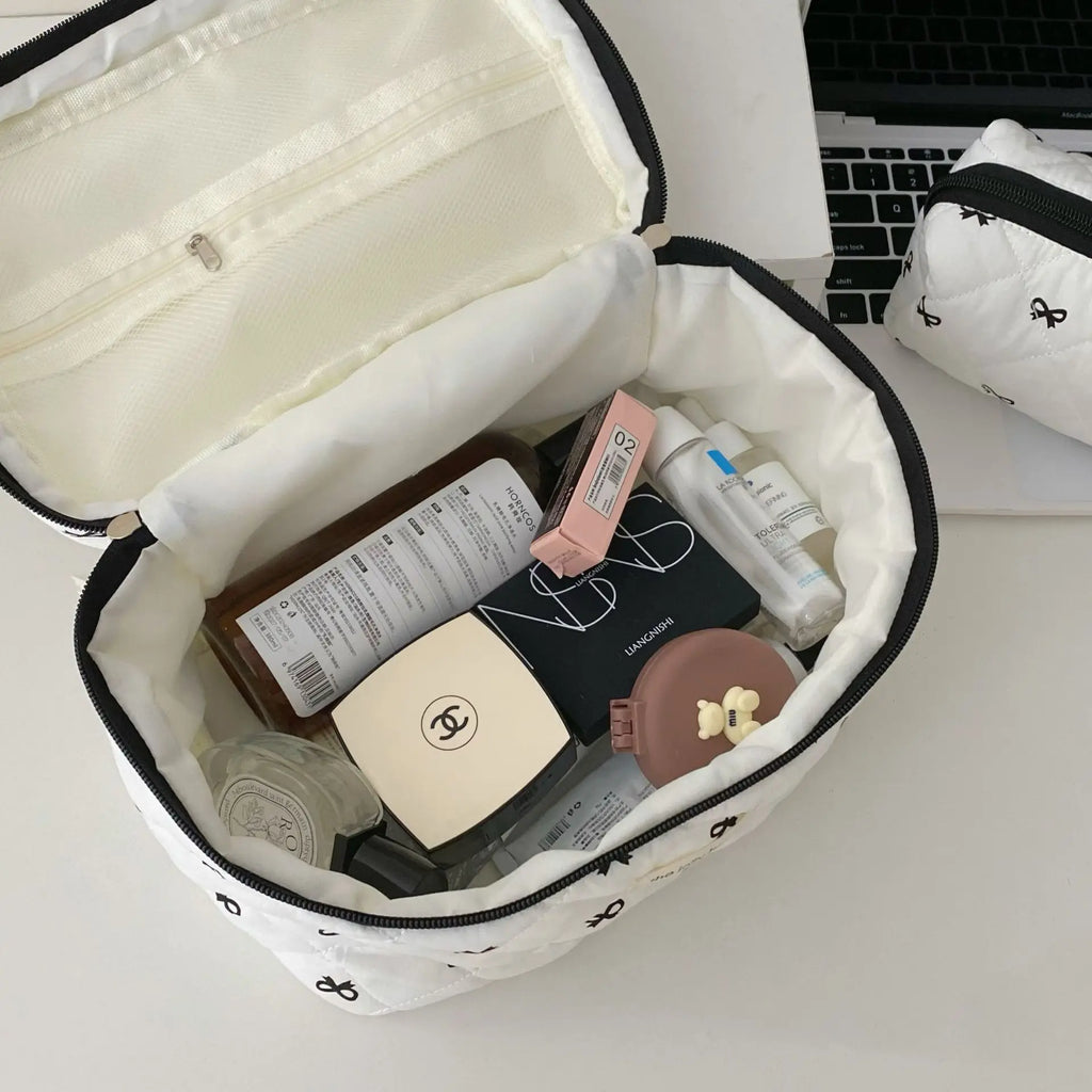 Fashion Cherry Tote Women Makeup Bag Portable Cute Ladies Cosmetic Toiletry Storage Pouch Handbag Cotton Quilted Zipper Bag