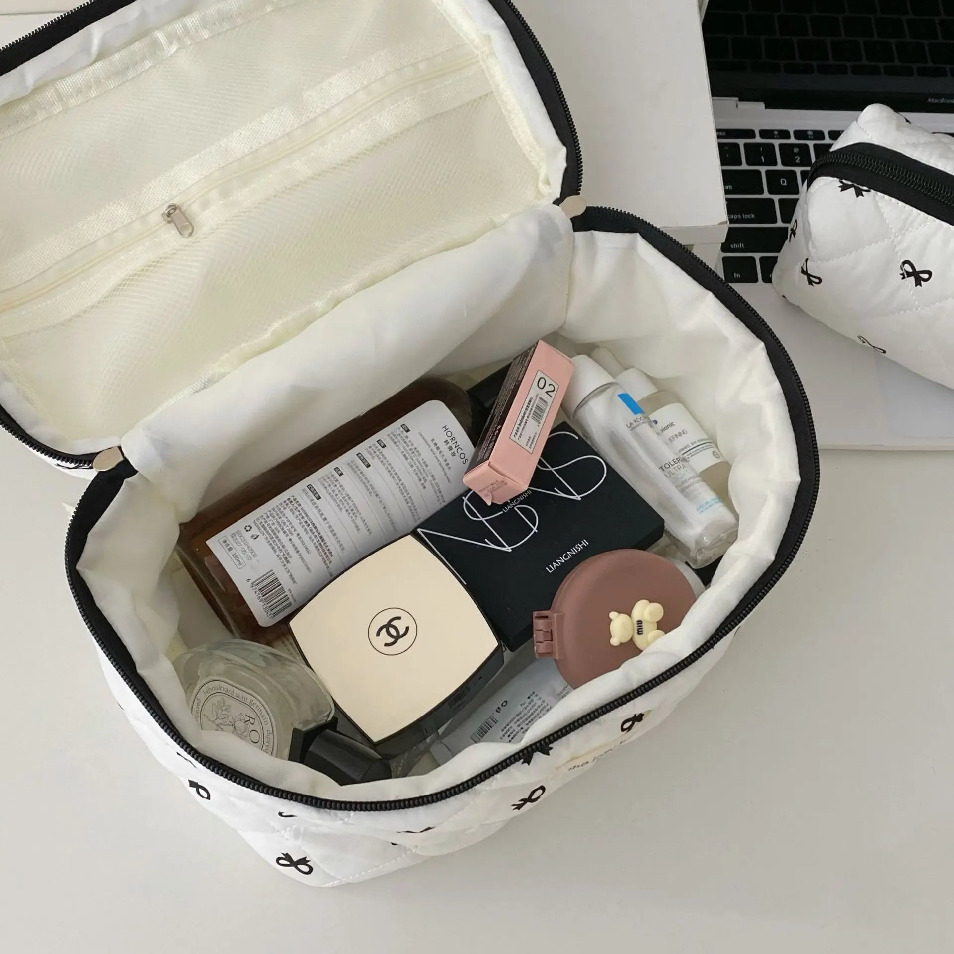 Fashion Cherry Tote Women Makeup Bag Portable Cute Ladies Cosmetic Toiletry Storage Pouch Handbag Cotton Quilted Zipper Bag