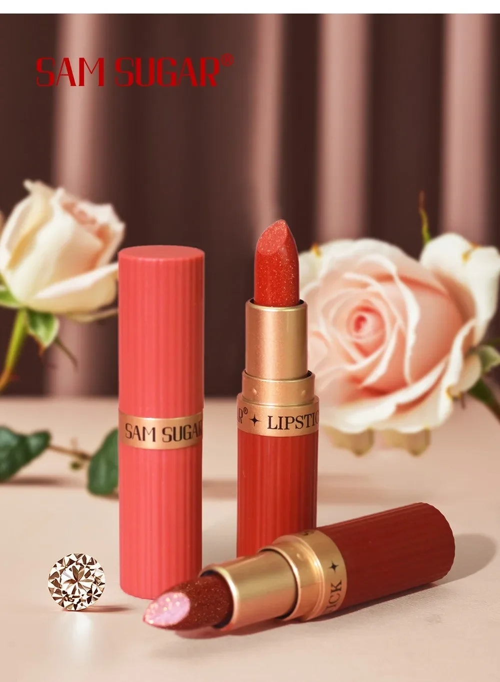 Rouge à lèvres Diamond Glitter Hydratant Rose étincelant Imperméable Brillant à lèvres Métallique Rouge à lèvres Sexy Teinte à lèvres Maquillage des lèvres