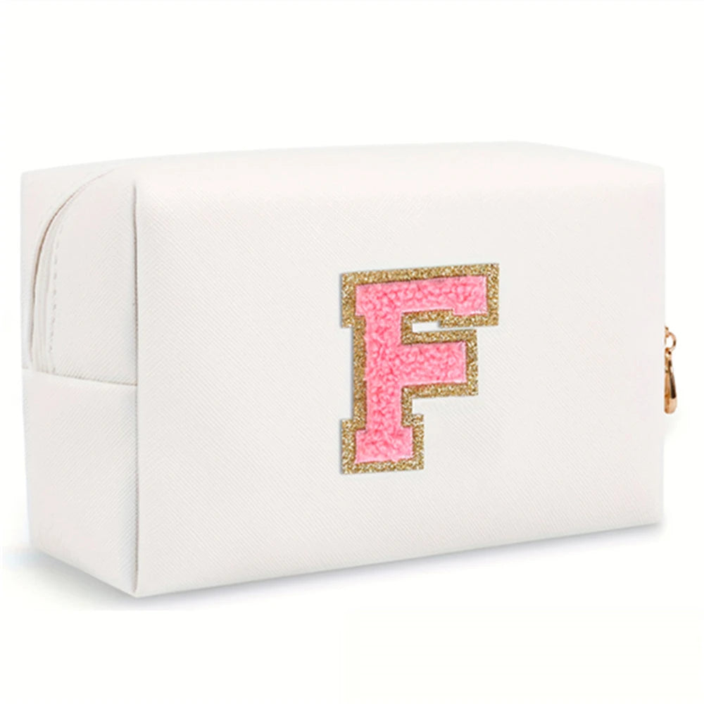 Initial letter patch makeup bag, Preppy portable zipper bag, PU leather waterproof travel wash bag,letter women's handbag-ll-LJX