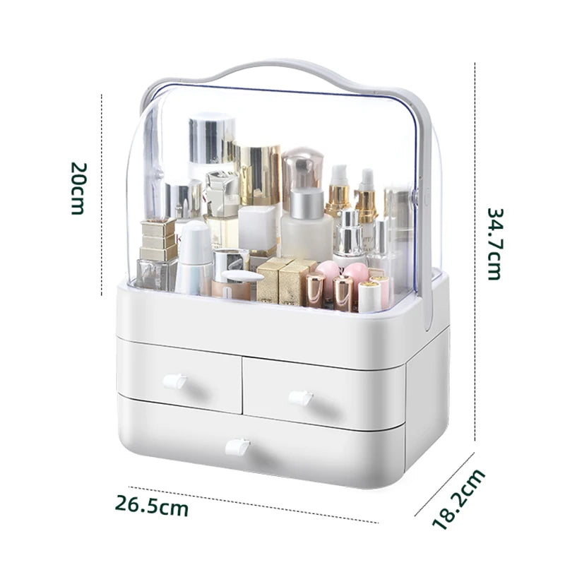 1pc Boîte de réception de cosmétiques Organisateur de maquillage de bureau anti-poussière avec tiroir pour produits de soins de la peau Étagère de boîte de rangement pour le ménage