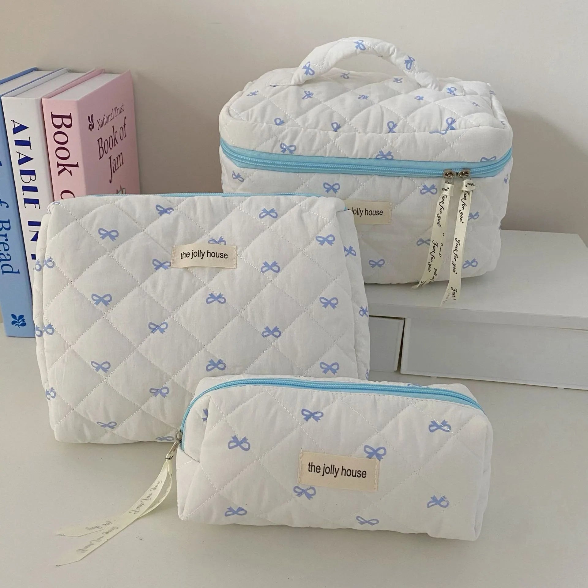 Fashion Cherry Tote Women Makeup Bag Portable Cute Ladies Cosmetic Toiletry Storage Pouch Handbag Cotton Quilted Zipper Bag