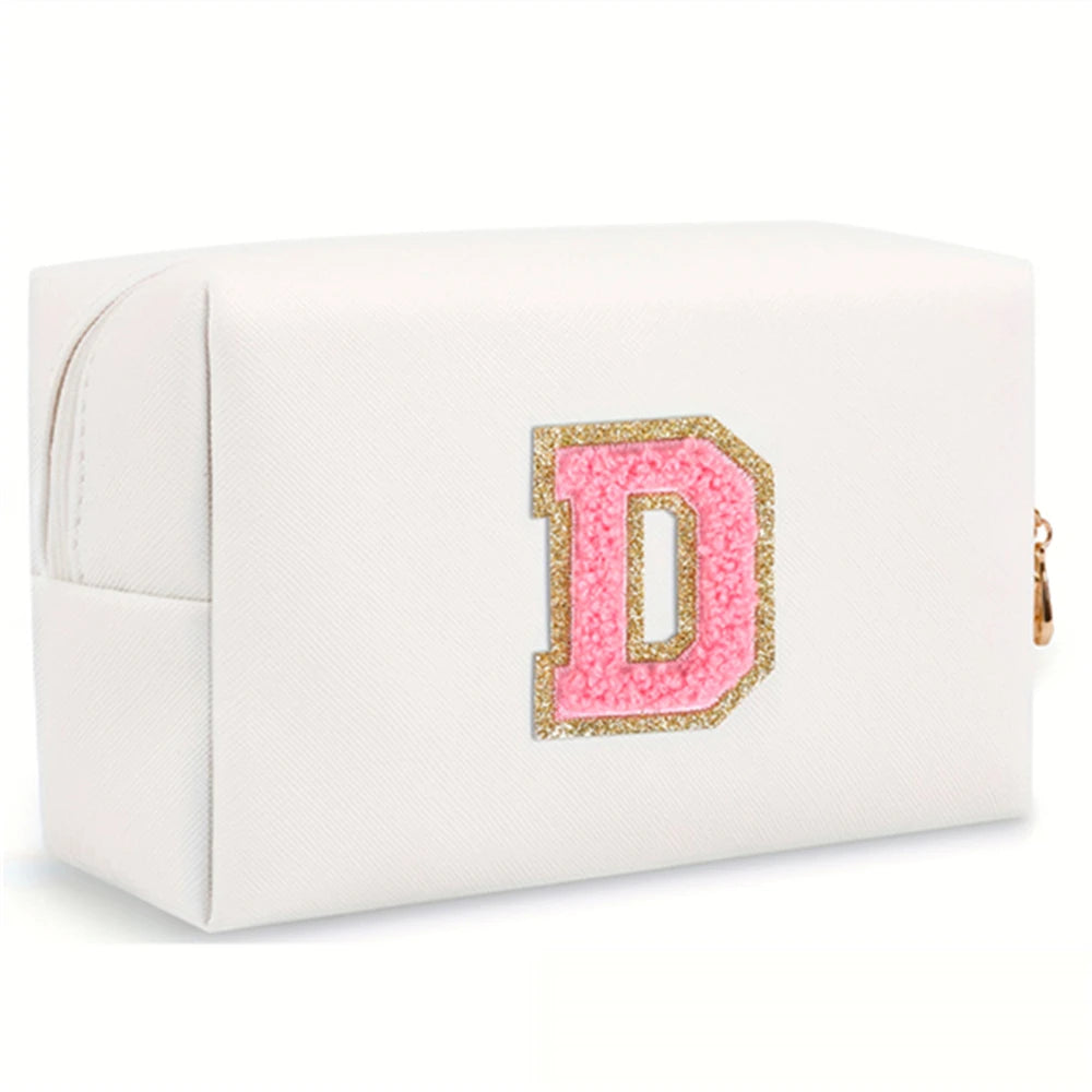 Initial letter patch makeup bag, Preppy portable zipper bag, PU leather waterproof travel wash bag,letter women's handbag-ll-LJX