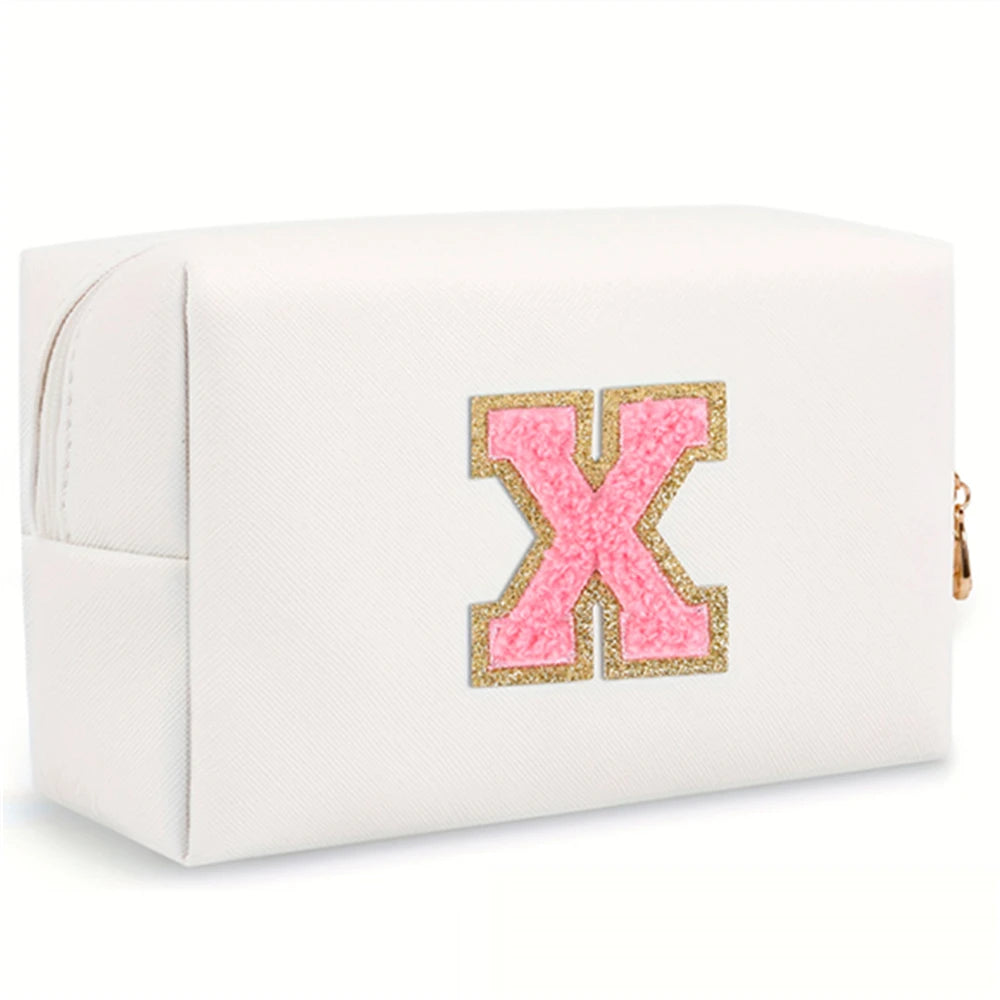 Initial letter patch makeup bag, Preppy portable zipper bag, PU leather waterproof travel wash bag,letter women's handbag-ll-LJX