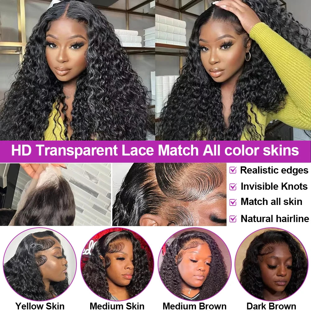 Brazilian Deep Water Wave Curly Bob 100% Human Hair Wigs Natural Black Deep Wave HD Lace Front 13x4 13x6 Transparent Lace Wigs
