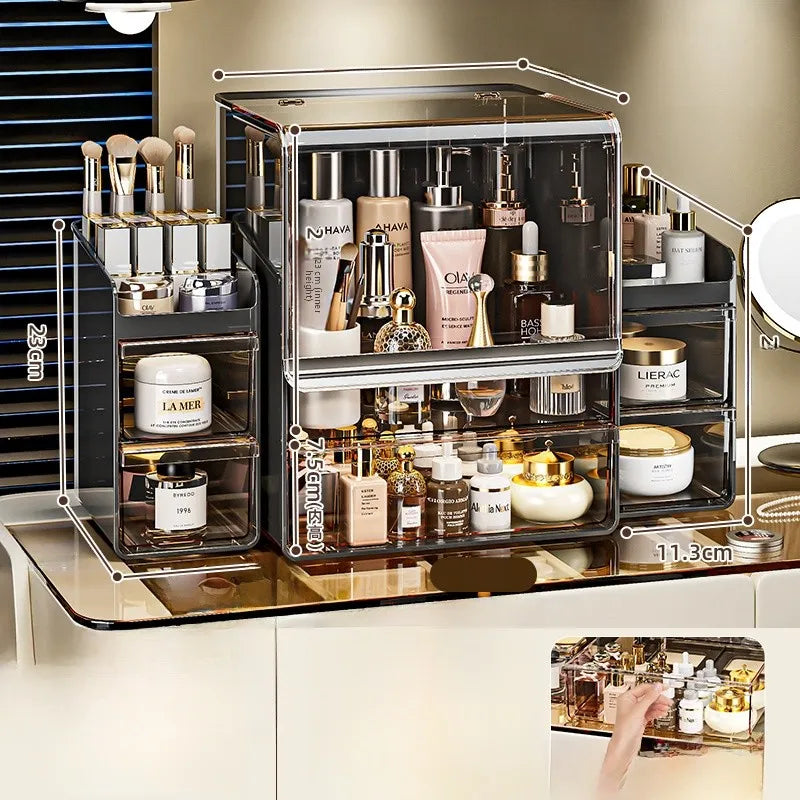 Grande boîte de rangement cosmétique acrylique multicouche Capaci Organisateur de bureau anti-poussière pour les produits de soins de la peau