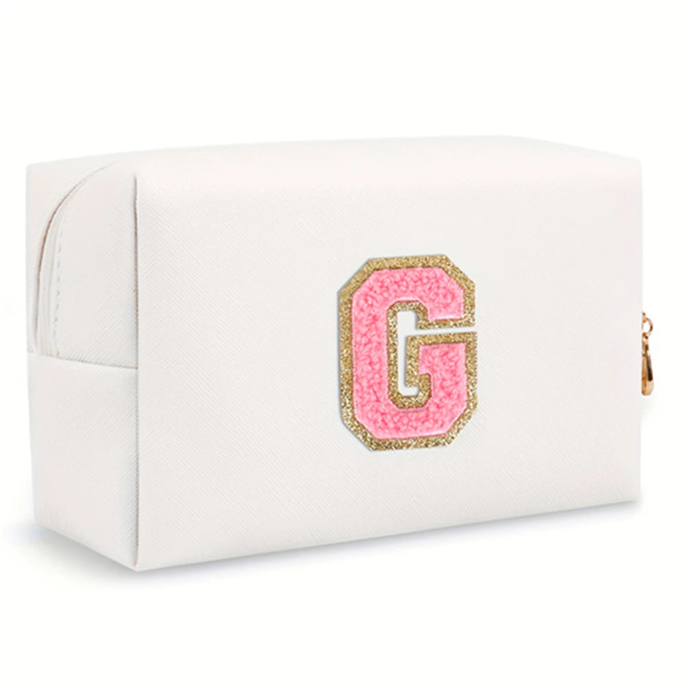 Initial letter patch makeup bag, Preppy portable zipper bag, PU leather waterproof travel wash bag,letter women's handbag-ll-LJX
