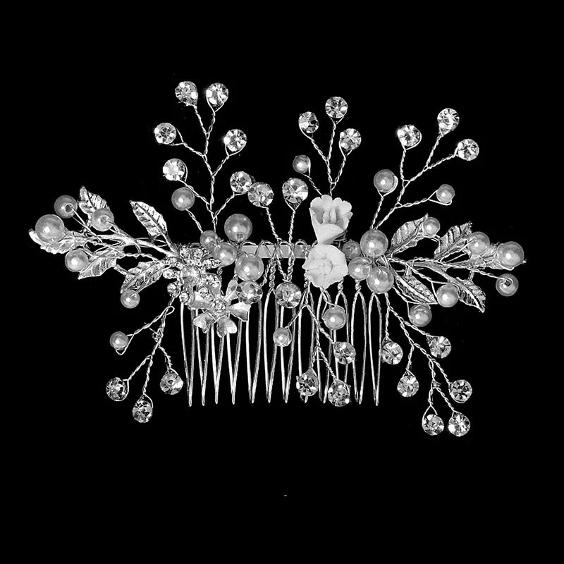 New Silver Alloy Hair Comb Handmade Pearls Rhinestones Fashion Metal Headpiece Elegant Hair Jewellery Accessory For Women