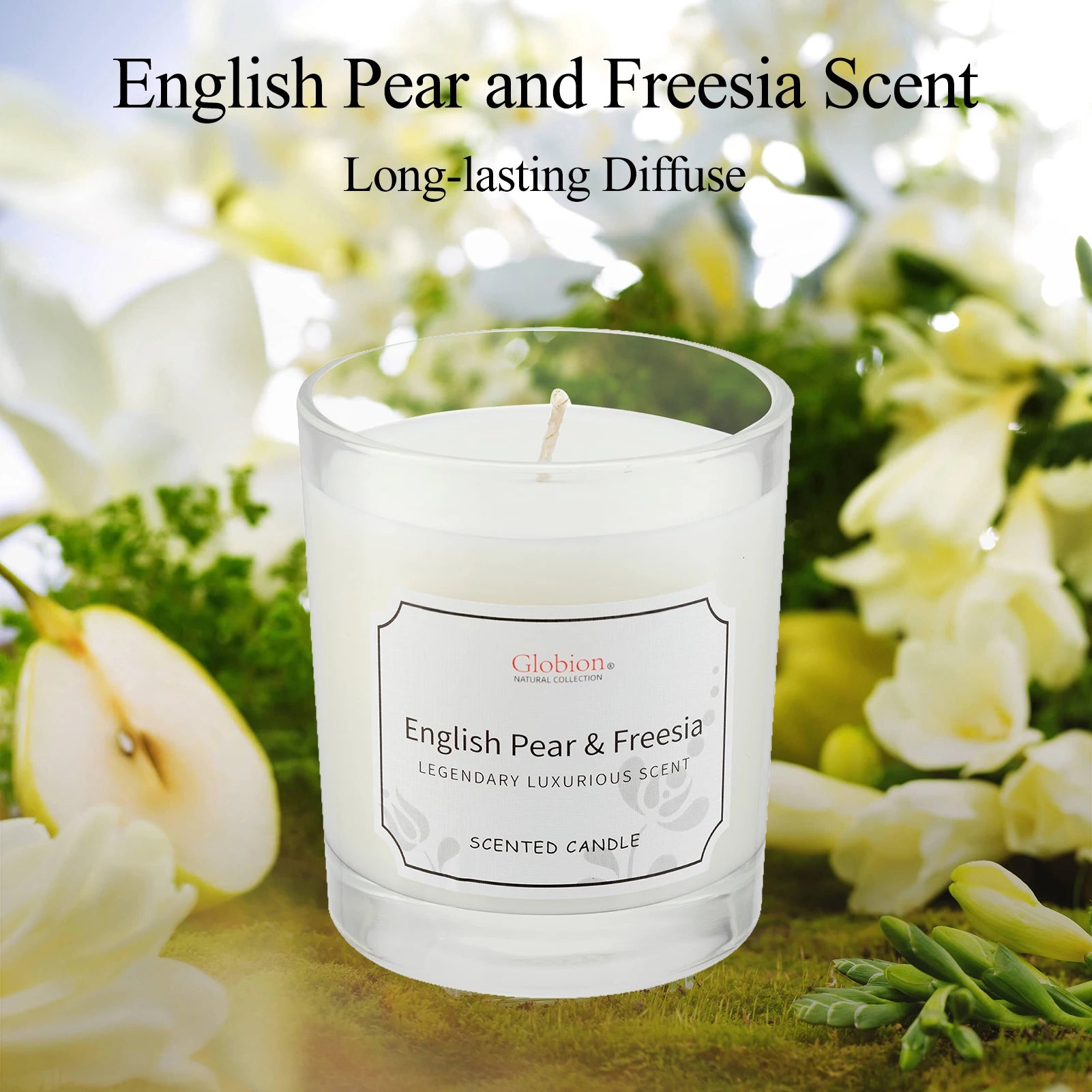 Scented Candle English Pear and Freesia Aromatherapy Candle Glass Jar + Lid 7oz for Home 45 Hours Burn Time Gift for Birthday
