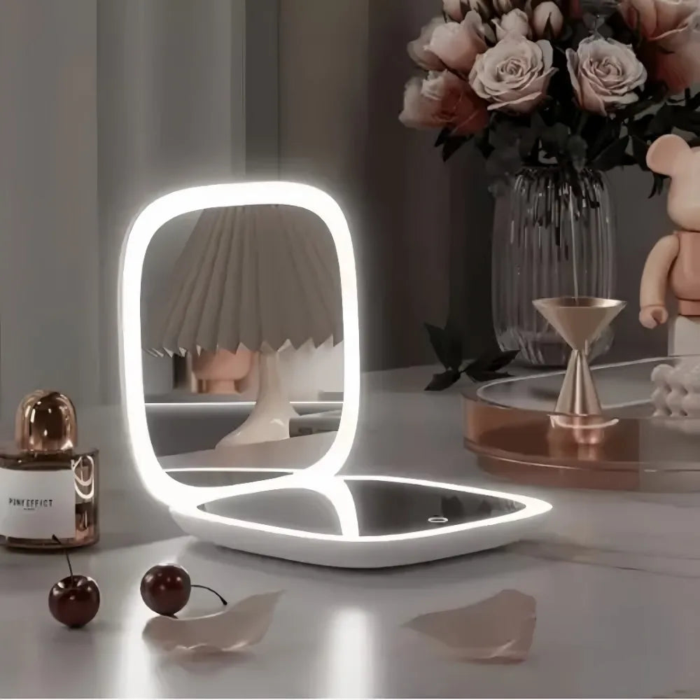 Double Sided LED Makeup Mirror Adjustable Color 3x Magnification USB Charging Portable Folding Mirror for Women's Outdoor Use