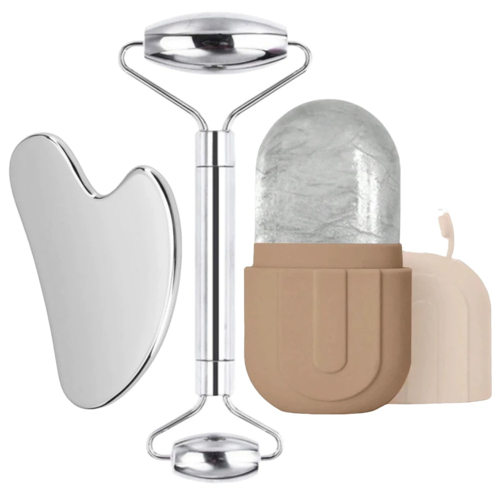 1/3PCS Face Ice Roller Stainless Steel Gua Sha Board Face Massage Roller Facial Massager Face Lifting Beauty Skin Care Tools