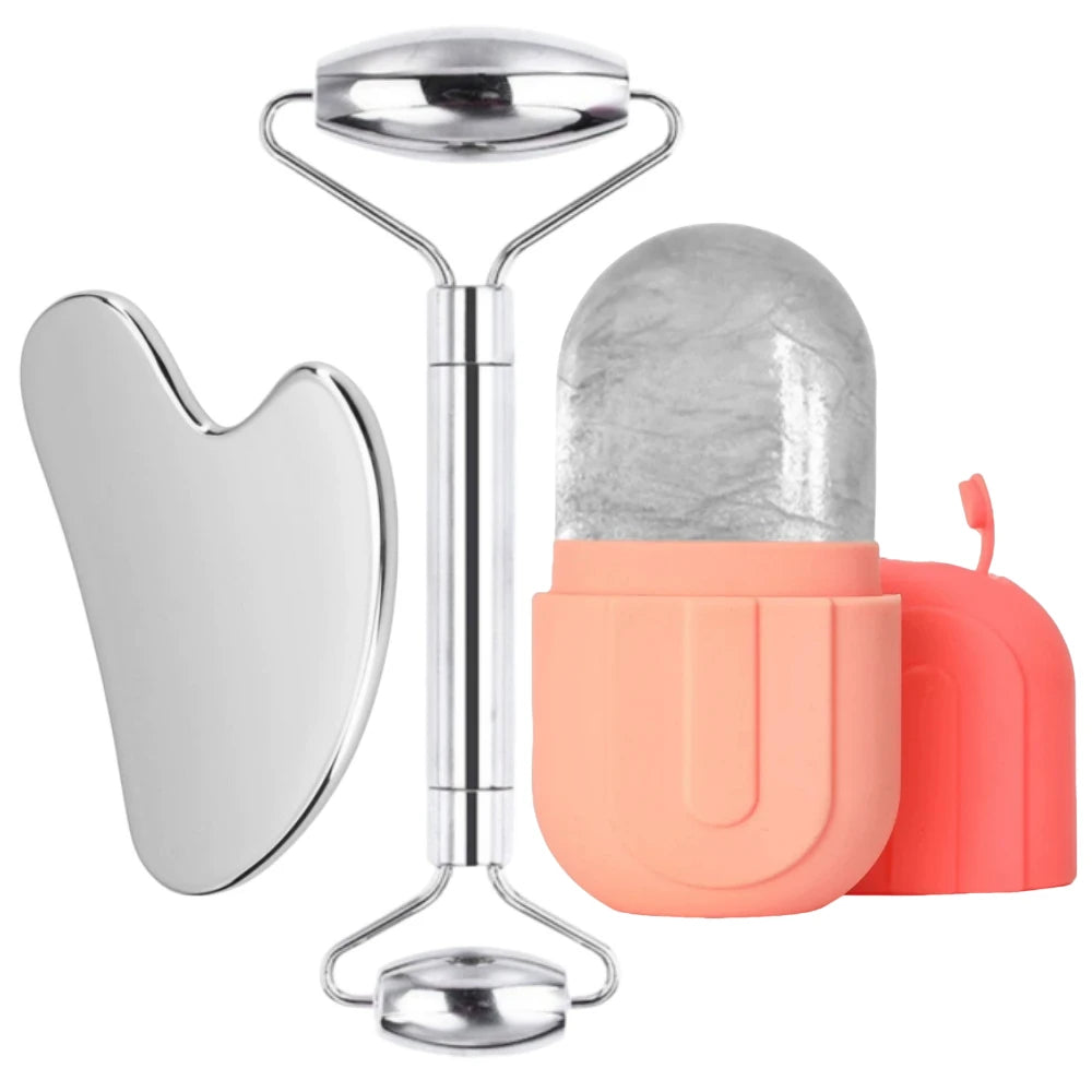 1/3PCS Face Ice Roller Stainless Steel Gua Sha Board Face Massage Roller Facial Massager Face Lifting Beauty Skin Care Tools