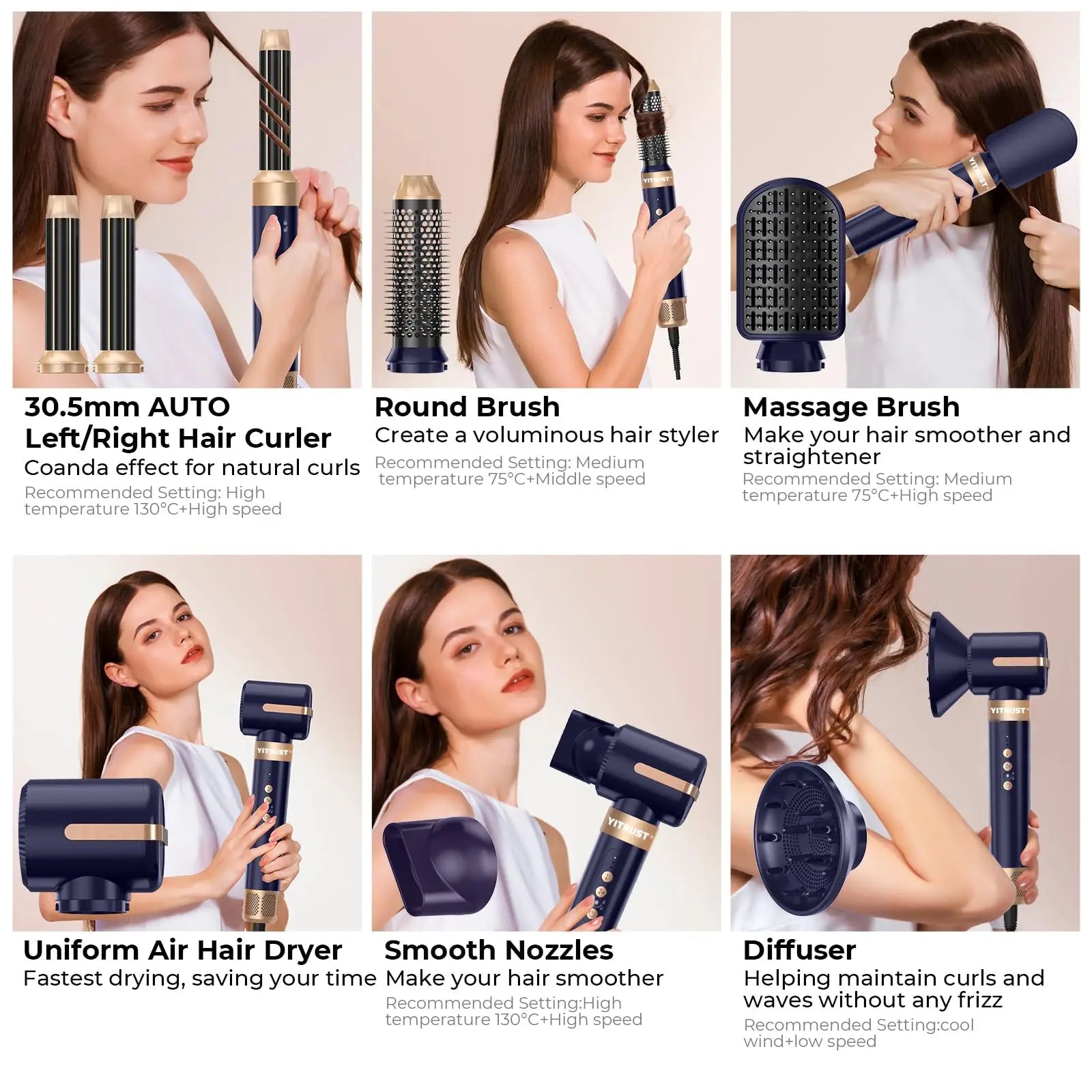 Brosse de sèche-cheveux 7 en 1 sans brosse Sèche-cheveux à grande vitesse avec diffuseur Sèche-cheveux ionique Peigne de coiffage à air chaud Bigoudis automatique