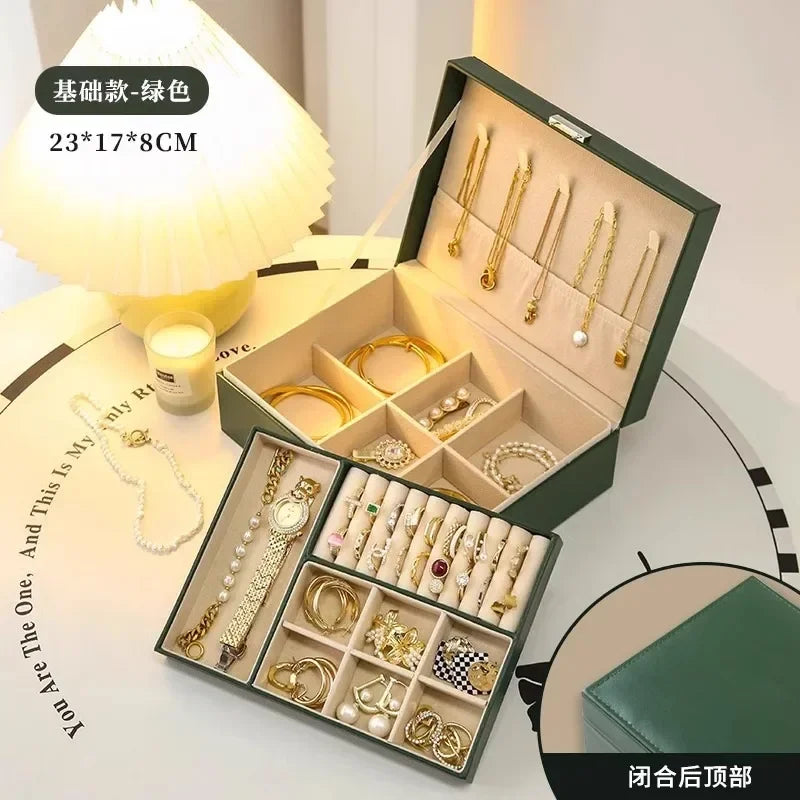 Three Layers New Retro High Quality Pu Jewelry Box With Necklace Hook Earrings Ring Bracelet Storage Case Green Colors