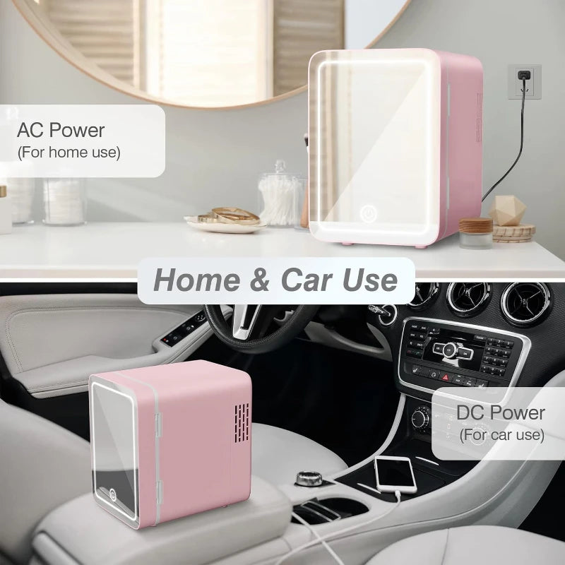 Skincare Fridge with Dimmable LED Light Mirror, 4L Makeup Mini Fridge for Bedroom, Car