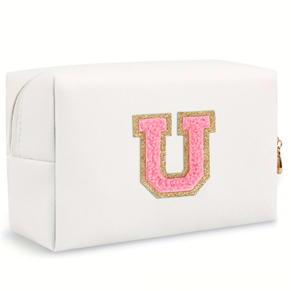 Initial letter patch makeup bag, Preppy portable zipper bag, PU leather waterproof travel wash bag,letter women's handbag-ll-LJX